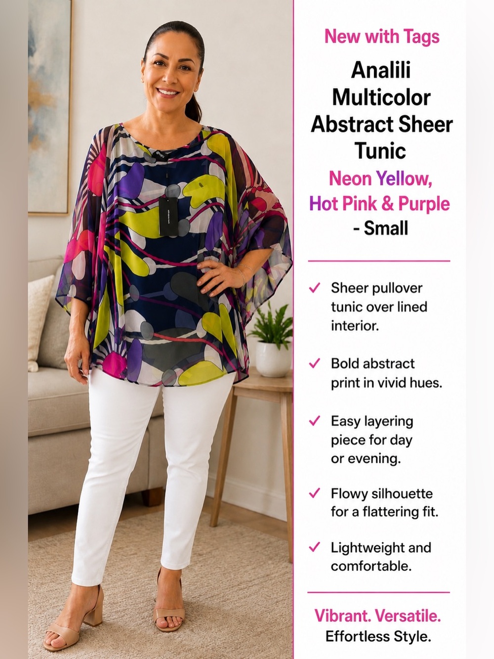 Analili Multicolor Abstract Sheer Tunic - Neon Yellow, Hot Pink & Purple - Small